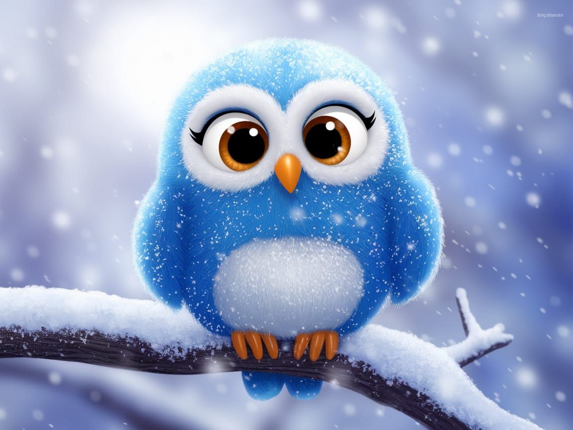 Vibrant Blue Cartoon Owl Perched on Snowy Branch
