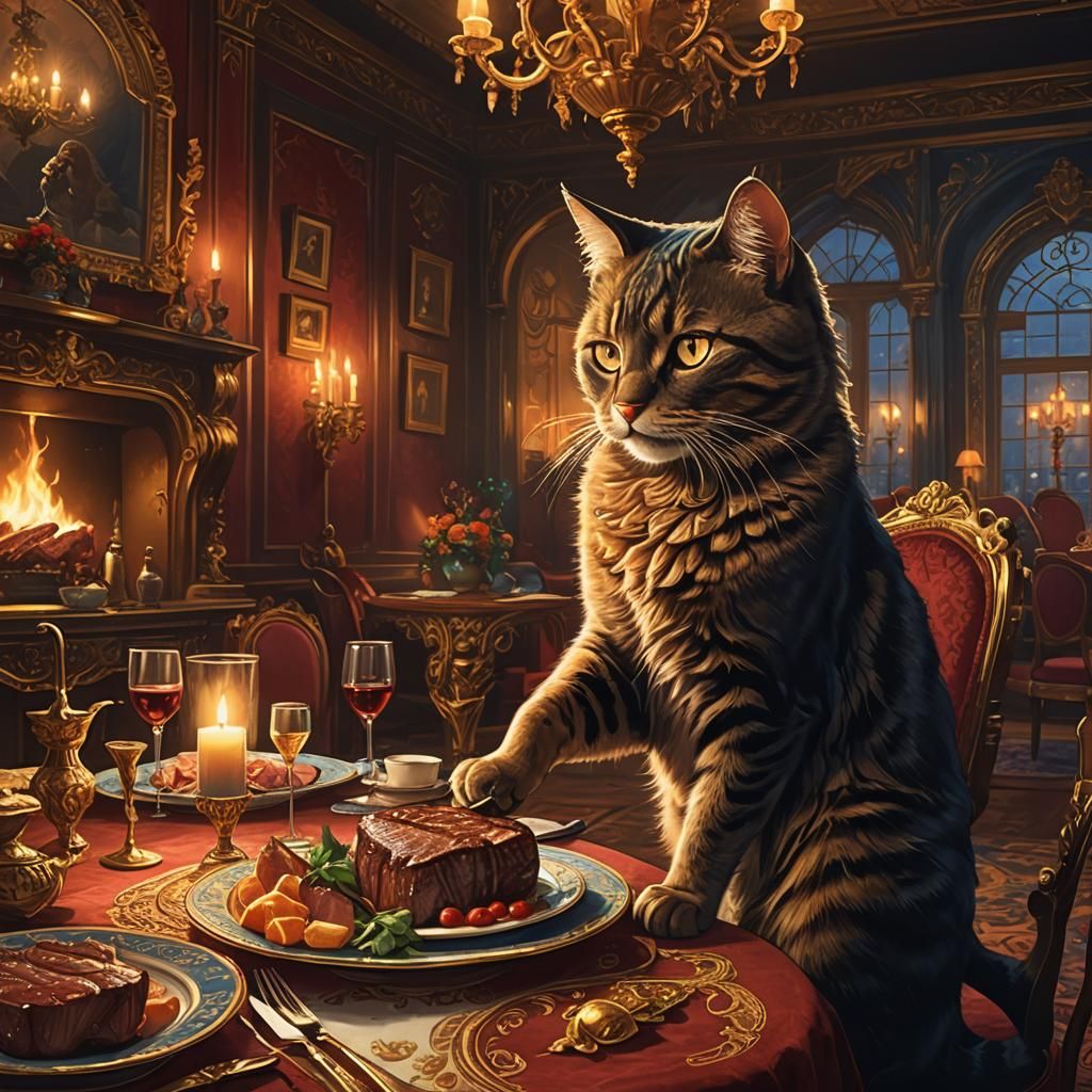 Cat Enjoys Steak in Lavish Room: Digital Concept Art
