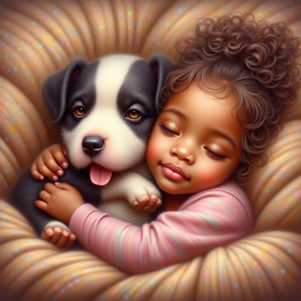 Young Girl Hugs Puppy With Red and Yellow Accents