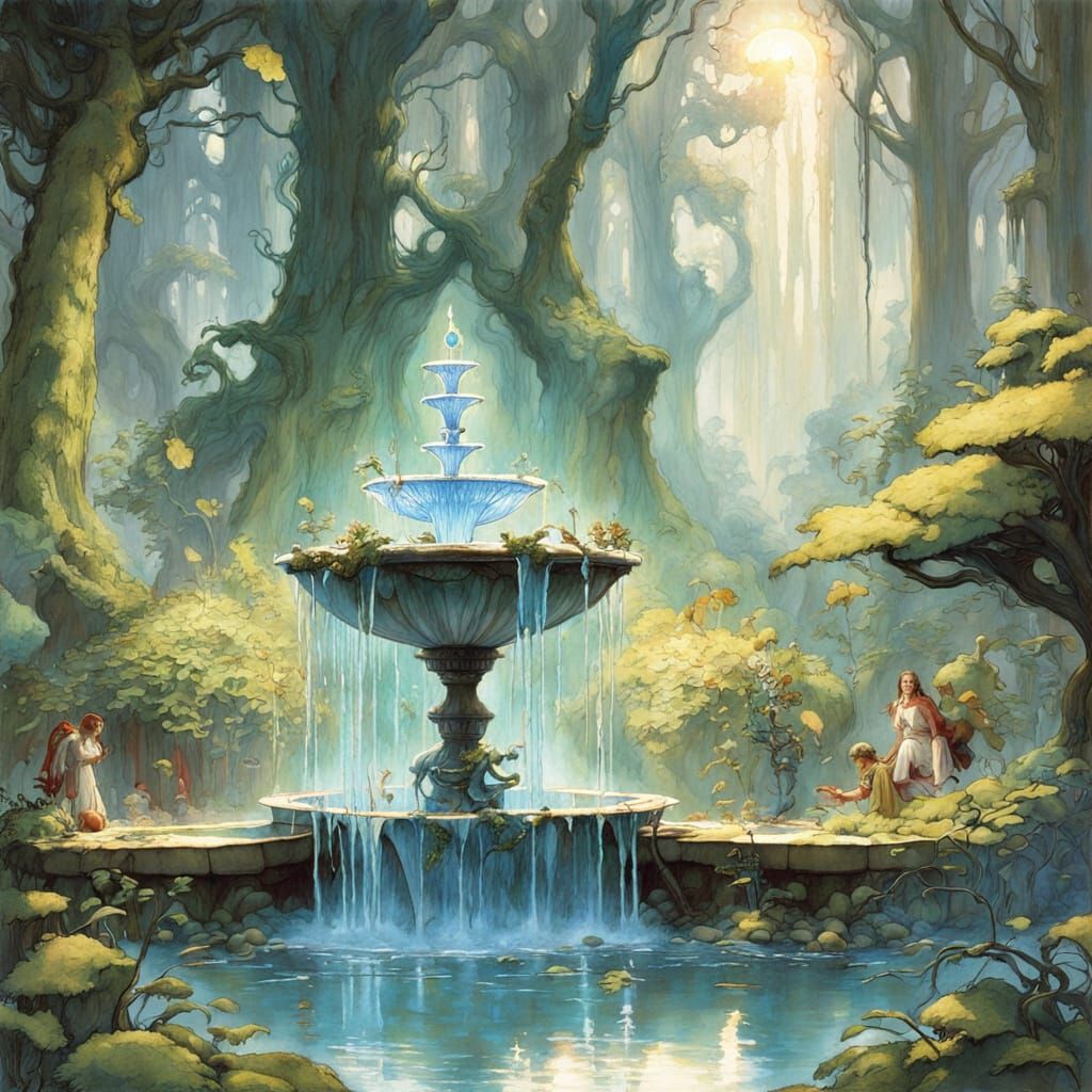 Ethereal Crystal Fountain with Meditating Druid