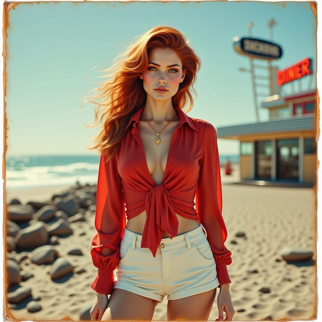 Retro Beach Diner Scene with Confident Woman