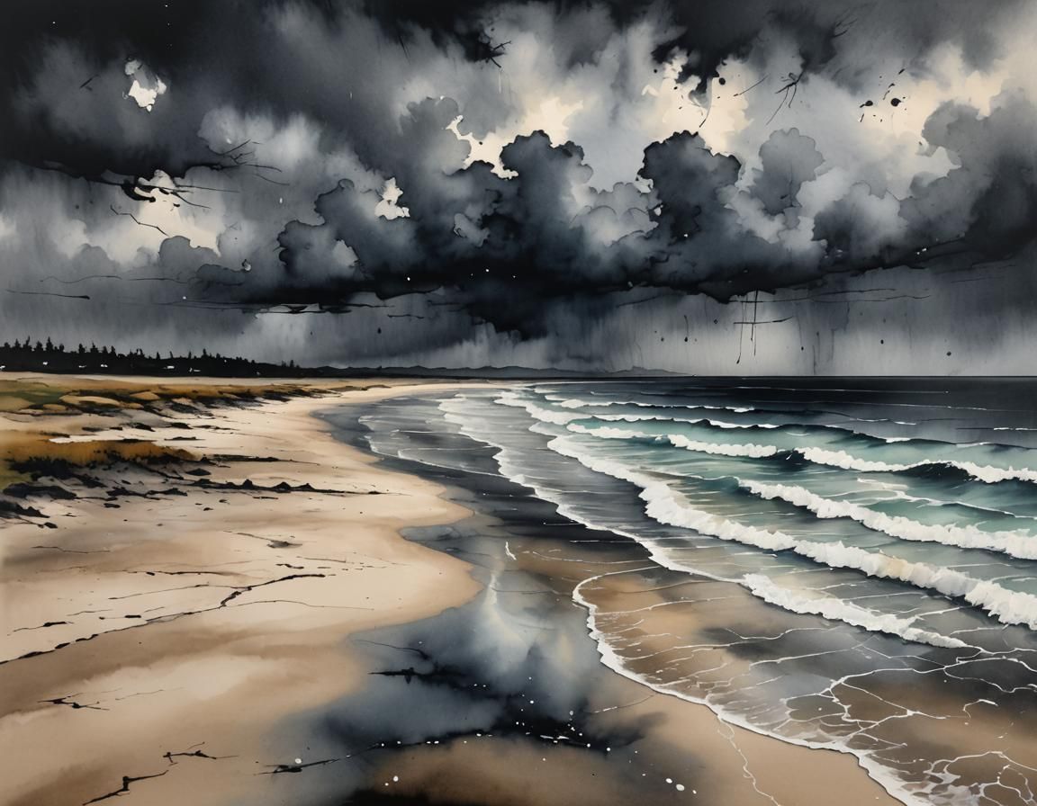 Stormy Beach Scene in Alcohol Ink Style
