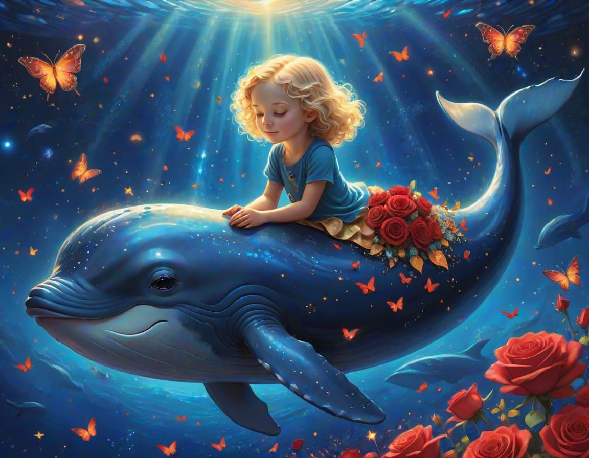 Young Child on Majestic Blue Whale in Cosmic Ocean of Swirli...