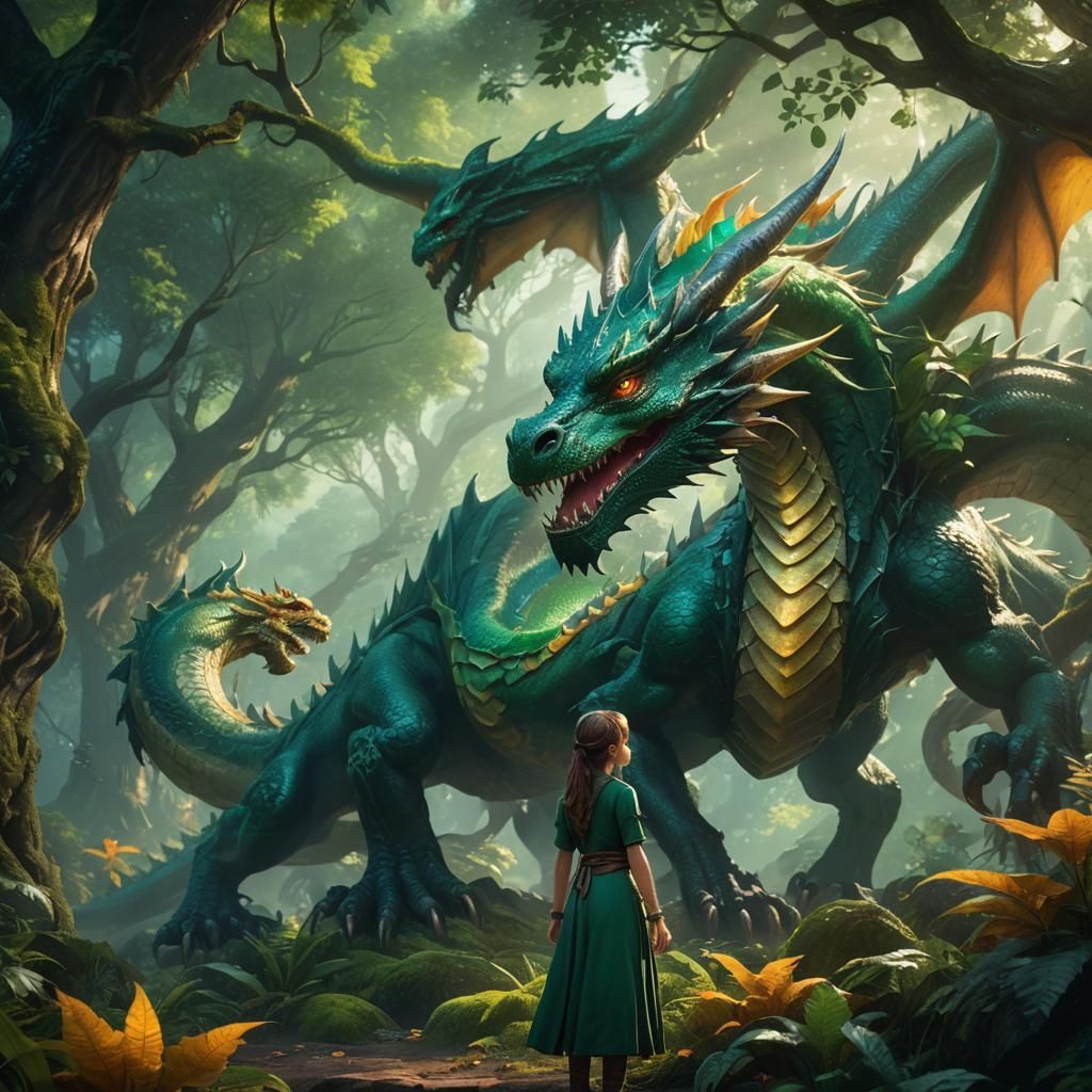 Girl Strokes Dragon in Emerald Forest: Fantasy Art
