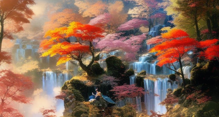 Autumn Waterfall in Watercolor Storybook Style