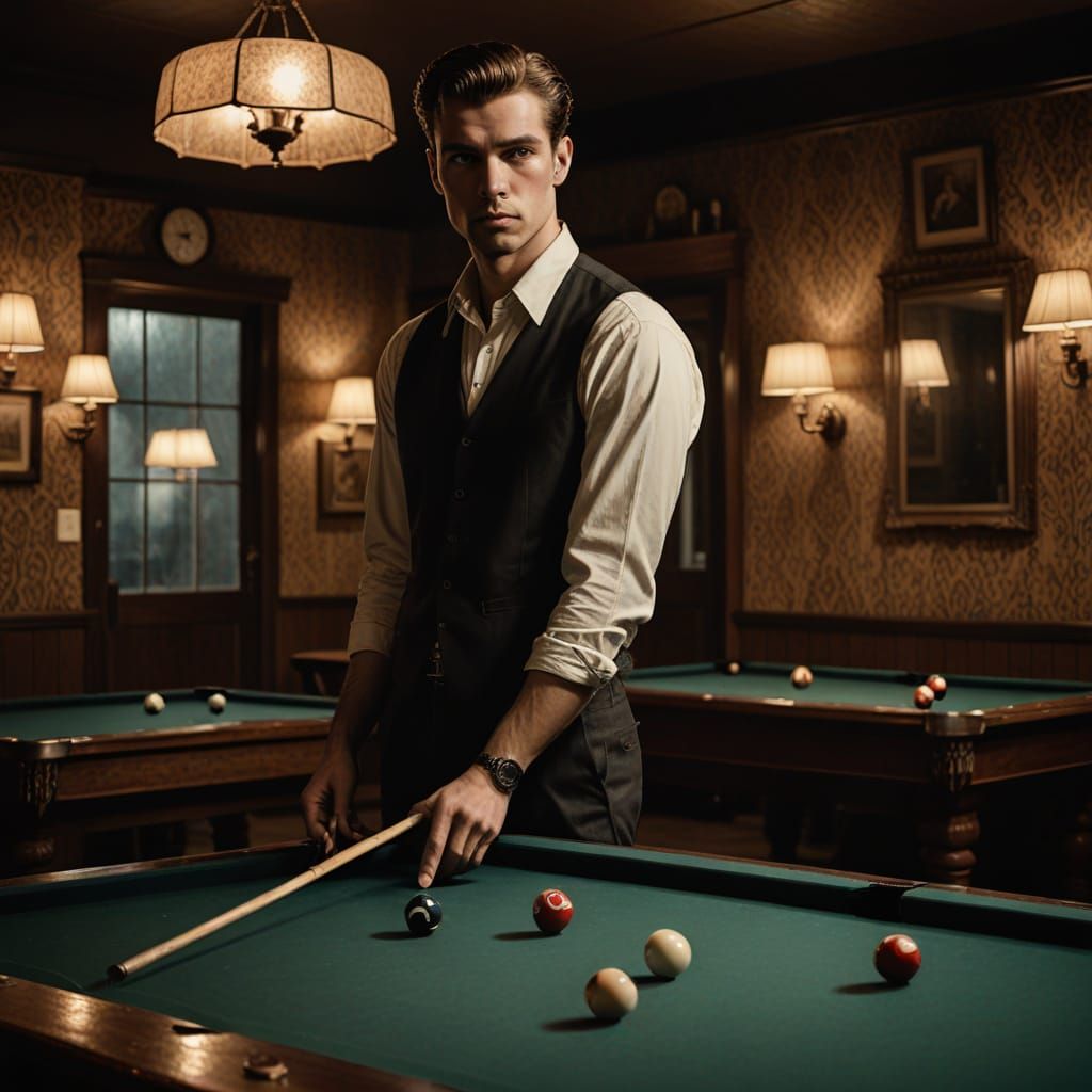 Film Noir Portrait of Young Man at Pool Table