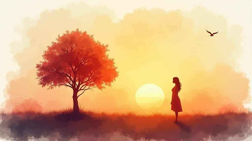 Minimalist Watercolor Landscape with Smiling Woman
