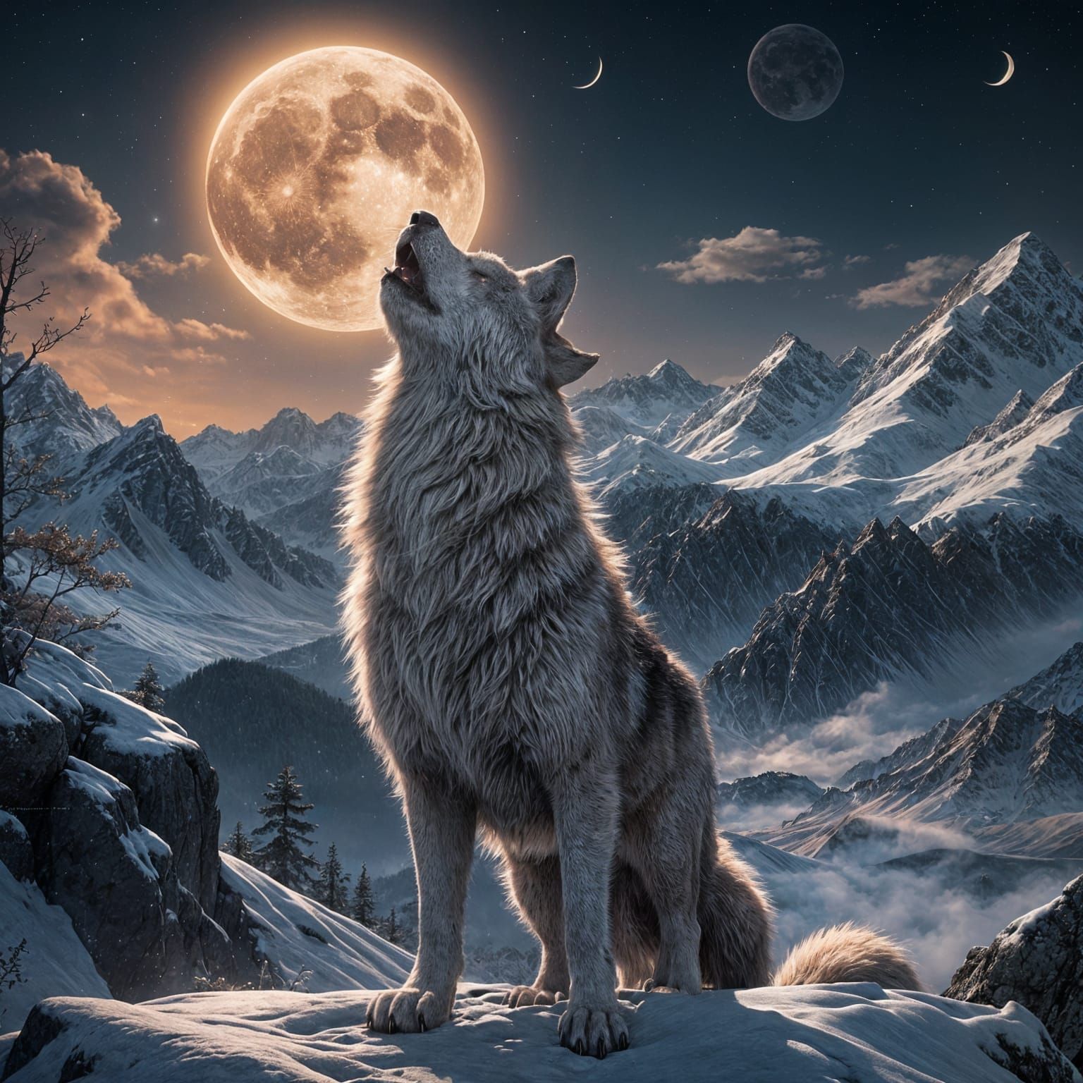 Wolf Howling at Moon: 3D Anime Art