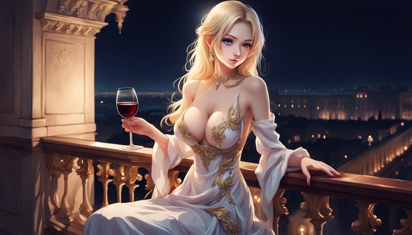 Blonde Woman on Balcony at Night in Fantasy Dress