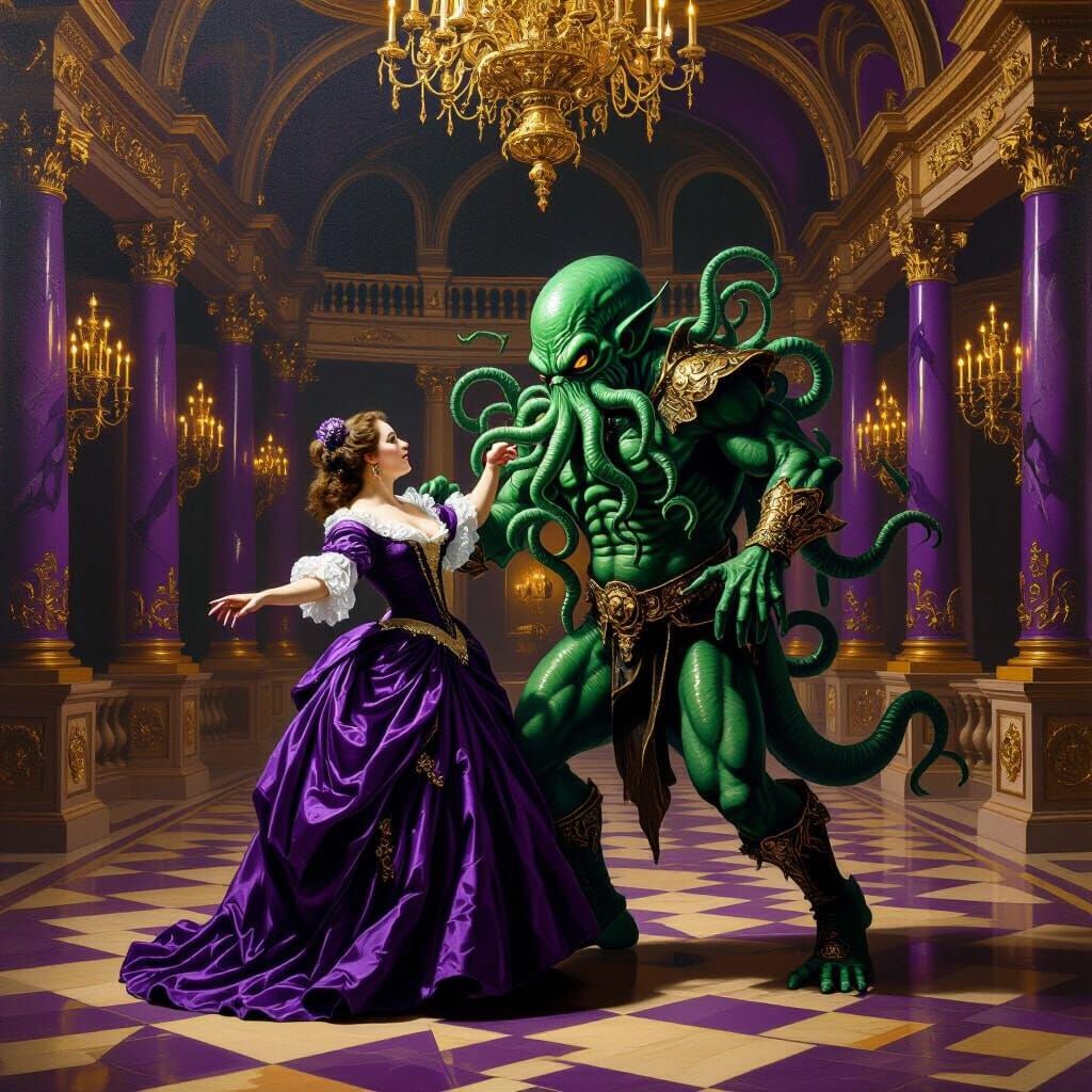 Cthulhu Waltzing in Baroque Ballroom Painting