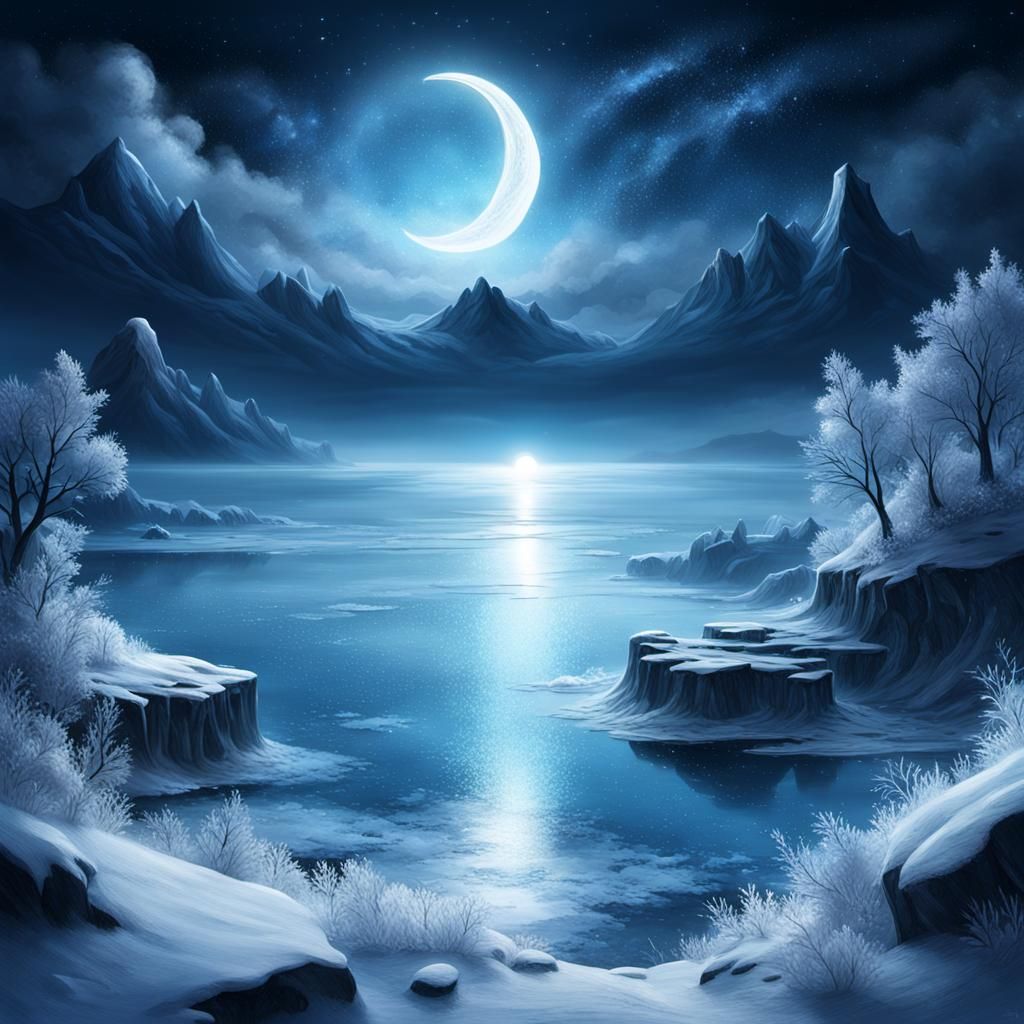 Mystical Crescent Over Frozen Ocean at Night