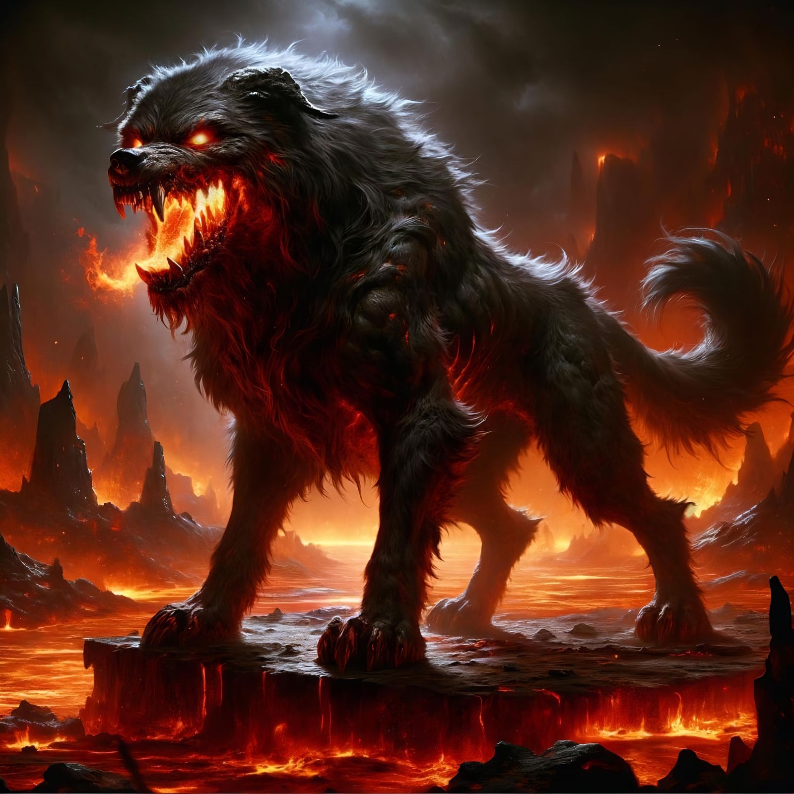 Menacing Hell Hound in Fiery Landscape: Digital Art