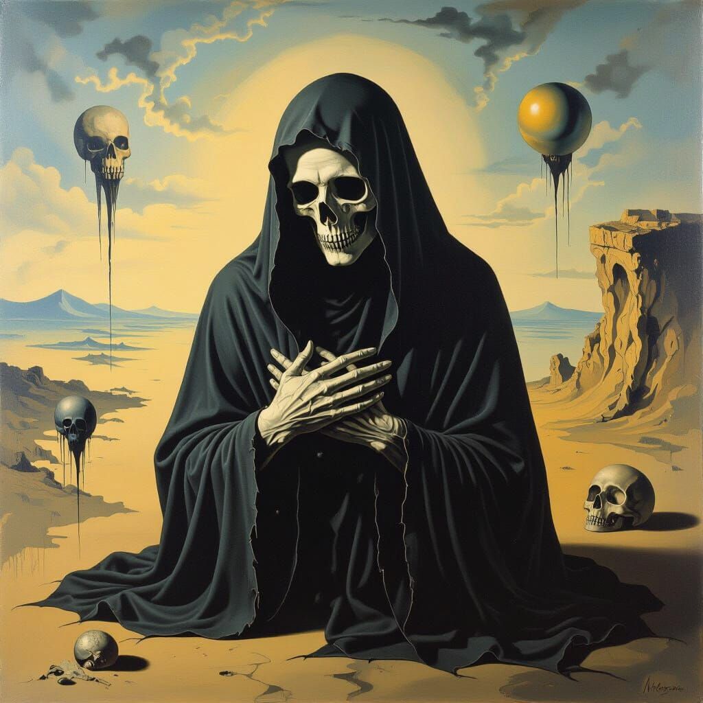 Surreal Death Figure Whispering in Dreamlike Style