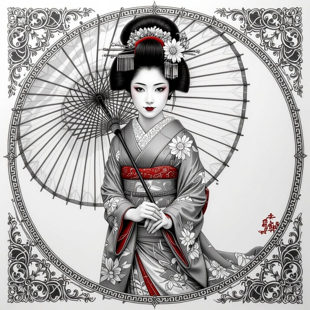 Monochrome Geisha Portrait in Pencil Style