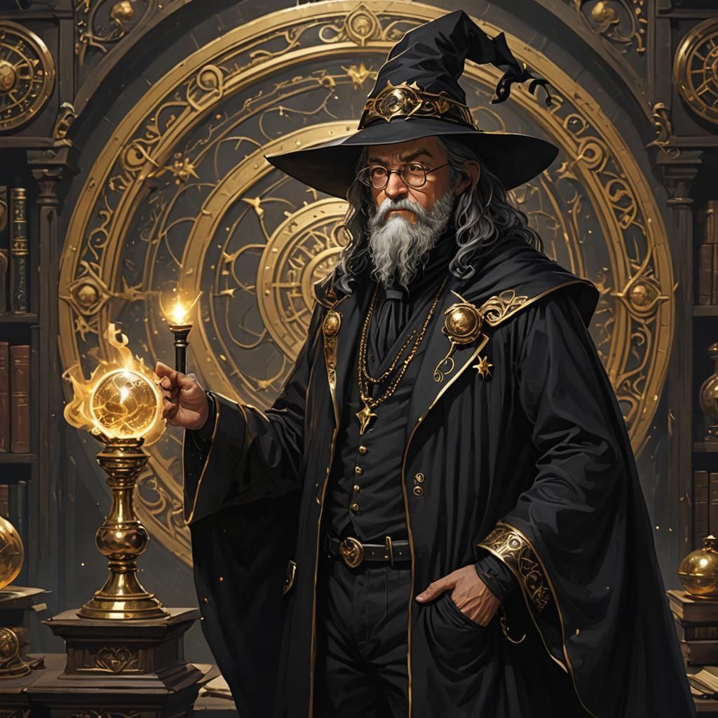 Dark Academia Wizard in Black and Gold