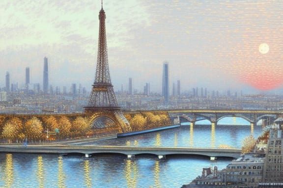 Cyberpunk Paris Sunset: A Neoimpressionistic Cityscape