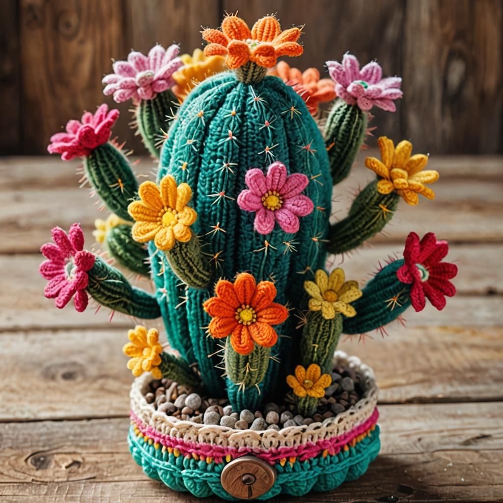 Colorful Crochet Cactus on Vintage Wooden Table
