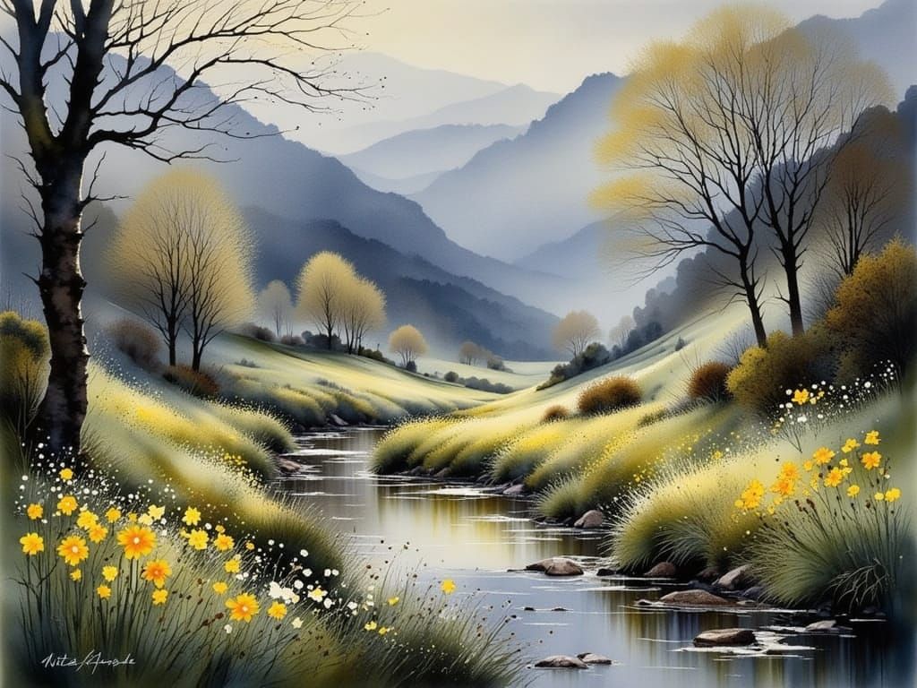 Dreamy Watercolor Valley with Vibrant Daffodils after Gentle...