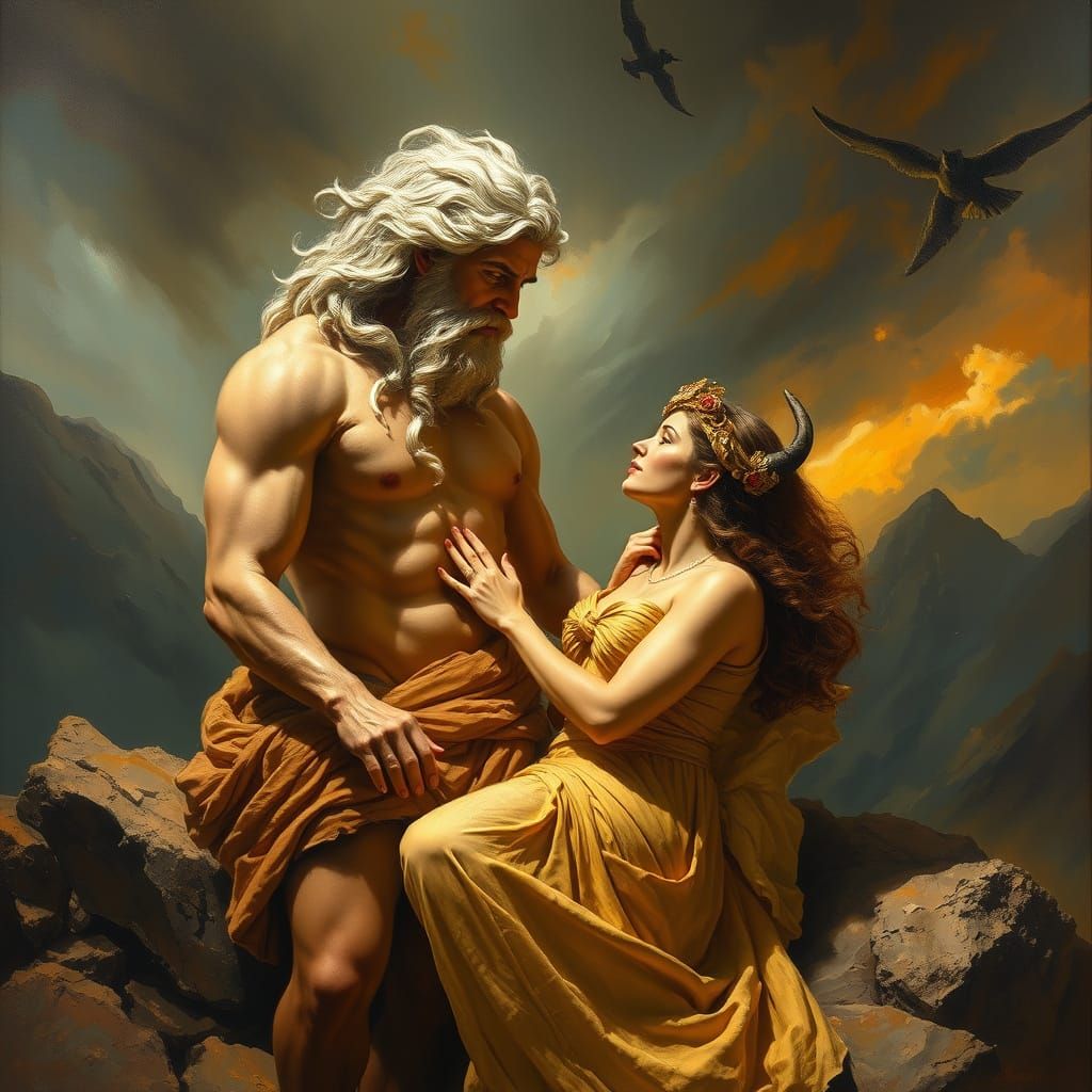 Zeus and Semele: Dramatic Olympus Scene as Oil Painting