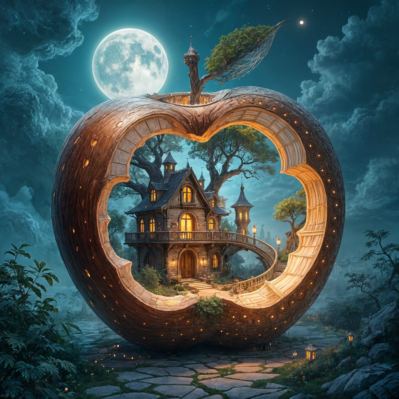 Ancient Apple Reveals Miniature City In Ethereal Moonlight