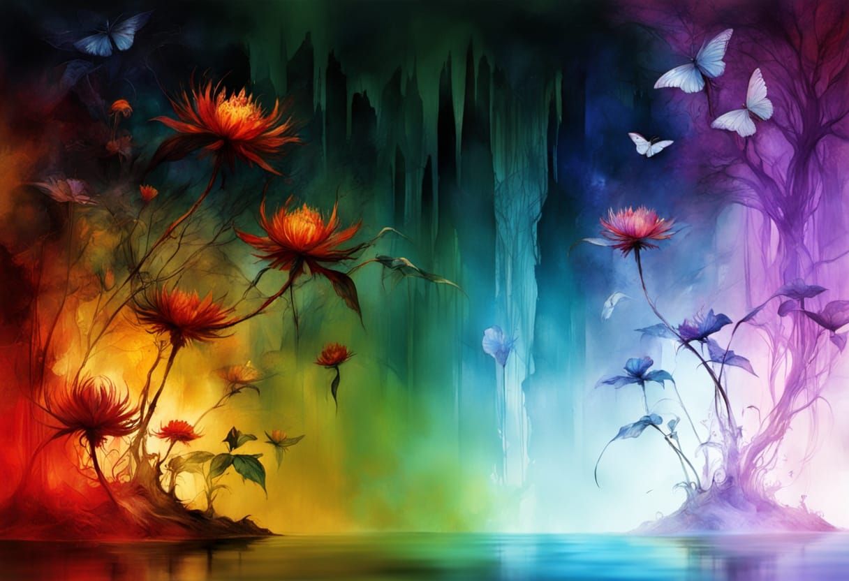 Exotic Jungle Cascade: Whimsical Fantasy Illustration