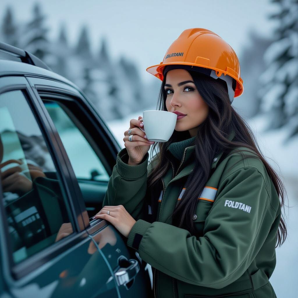 Geologist Woman Enjoys Coffee Break in Cinematic Film Still
