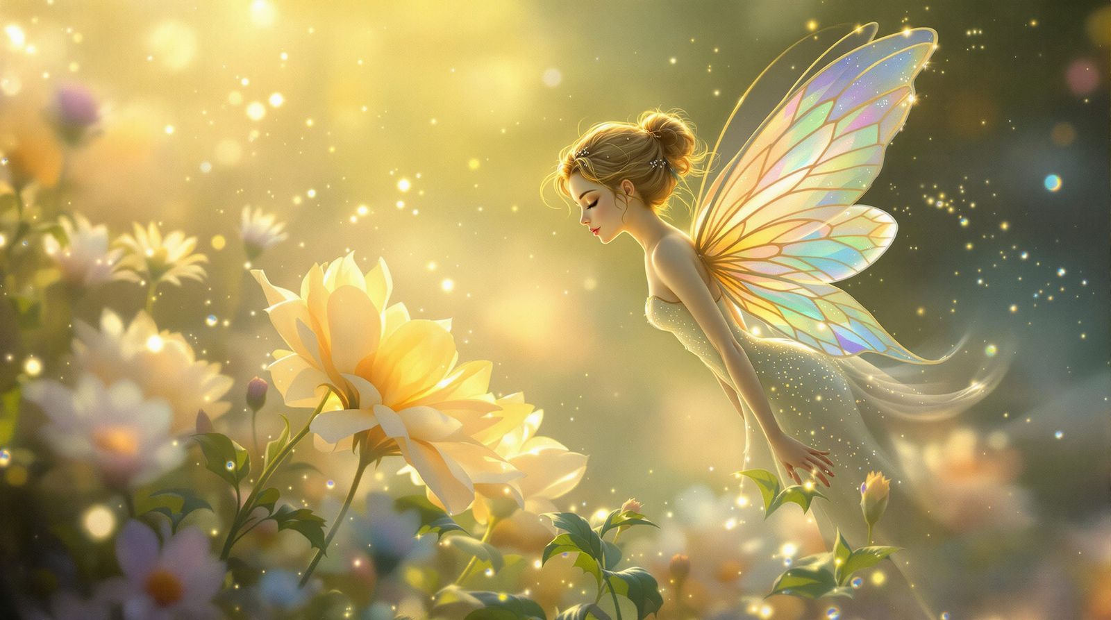 Ethereal Fairy on Flower at Dawn, Fantasy Art Style