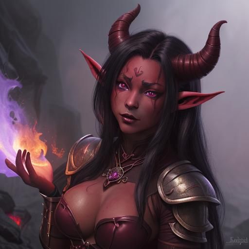 Fiery Red Tiefling Demon with Black Horns