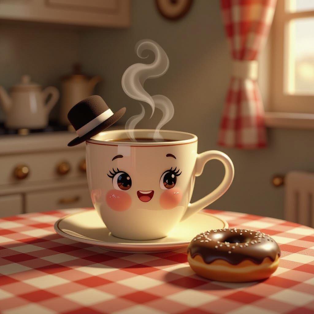 Anthropomorphic Coffee Mug and Donut in Cozy Morning Kitchen