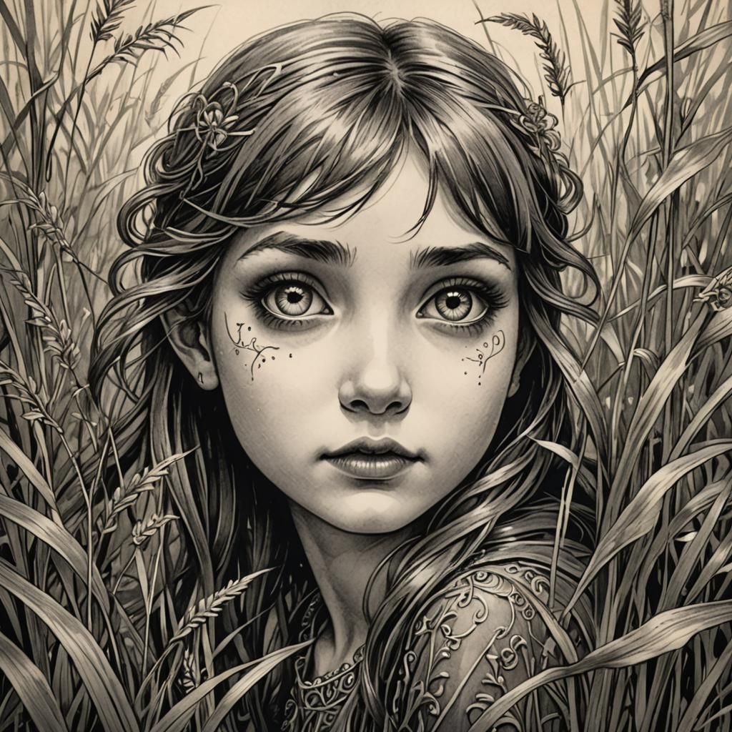 Mischievous Fairy in Tall Grass: An Art Nouveau Charcoal Dra...