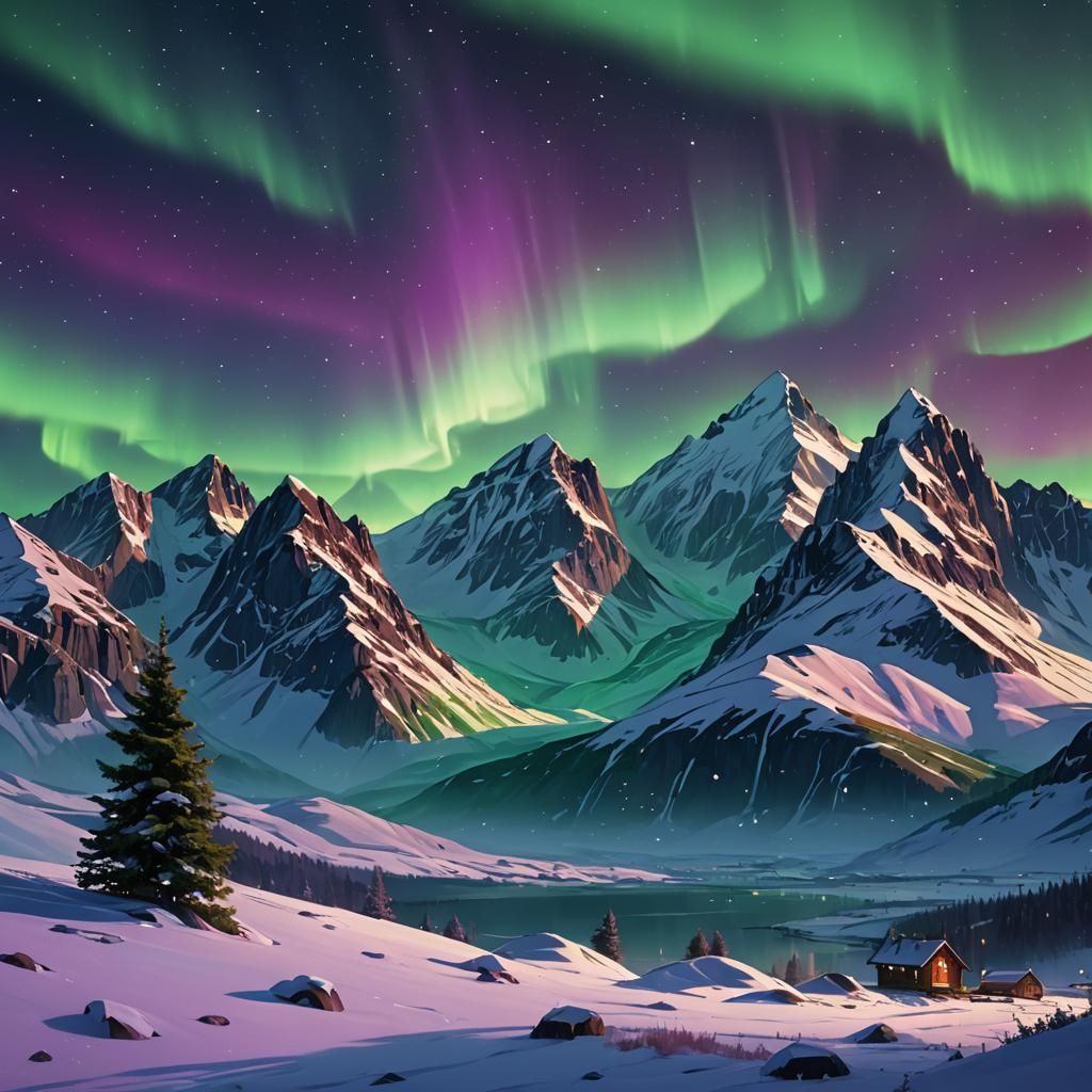 Ethereal Northern Lights Over Snowy Mountains