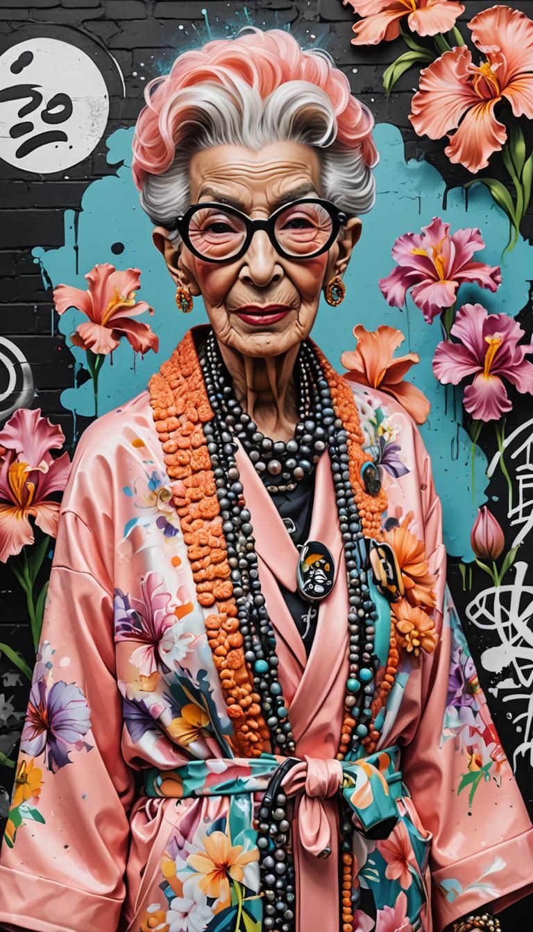 Iris Apfel in Cyberpunk Graffiti Art Kimono