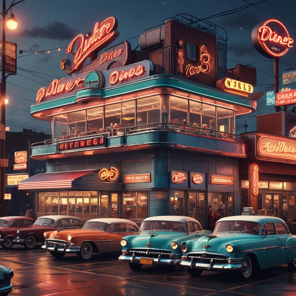 Classic 1950s Diner with Neon Signs, Matte Painting