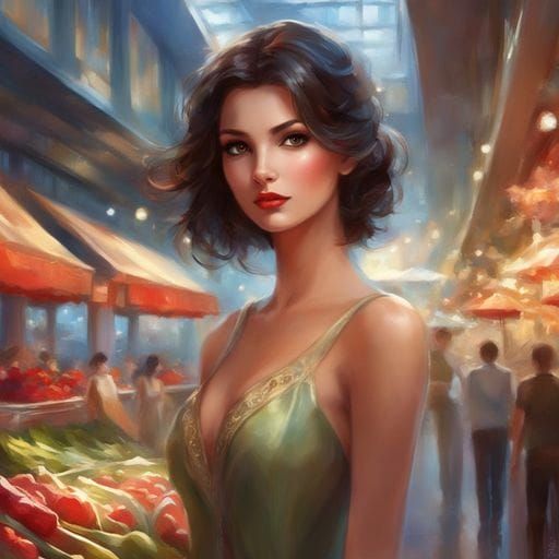 Mesmerizing Dark-Haired Beauty in Shopping Center