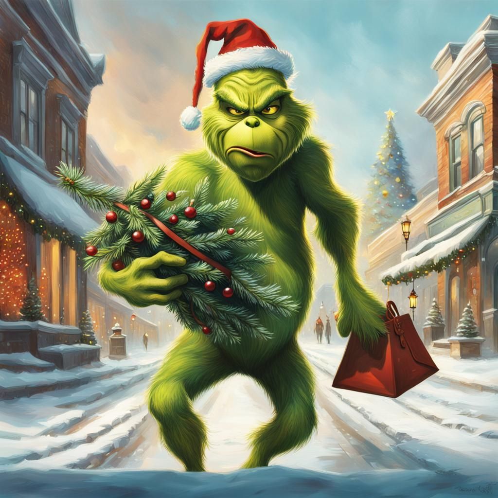 Grinch Stealing Christmas Tree: Hyperrealistic Splash Art