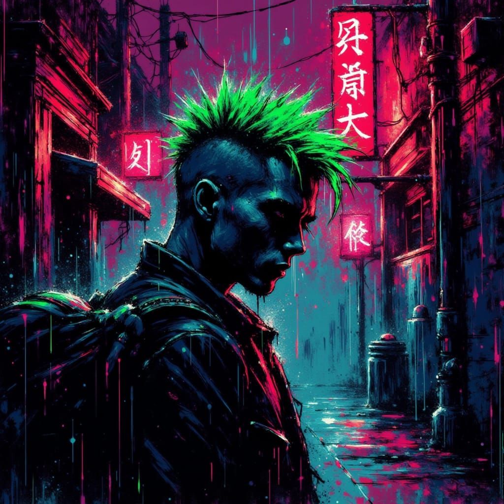 Cyberpunk Man with Neon Mohawk in Gritty Alleyway