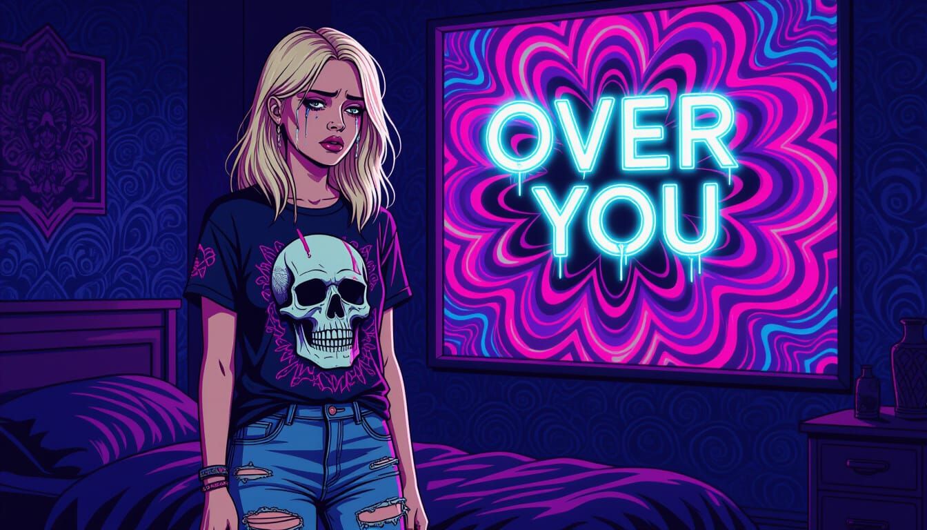 Melancholic Woman in Psychedelic Cyberpunk Bedroom