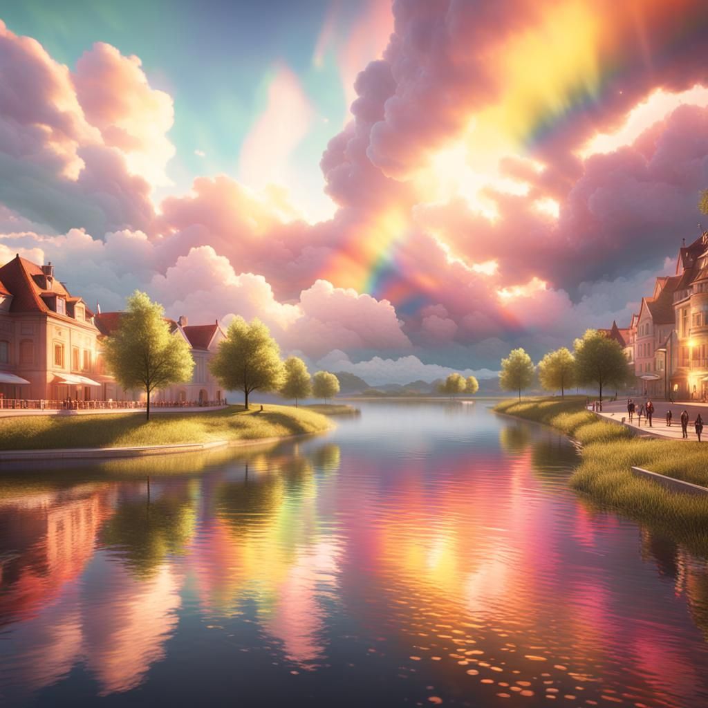 Rainbow Clouds Reflect on Town Lake: Hyper-Realistic Digital...