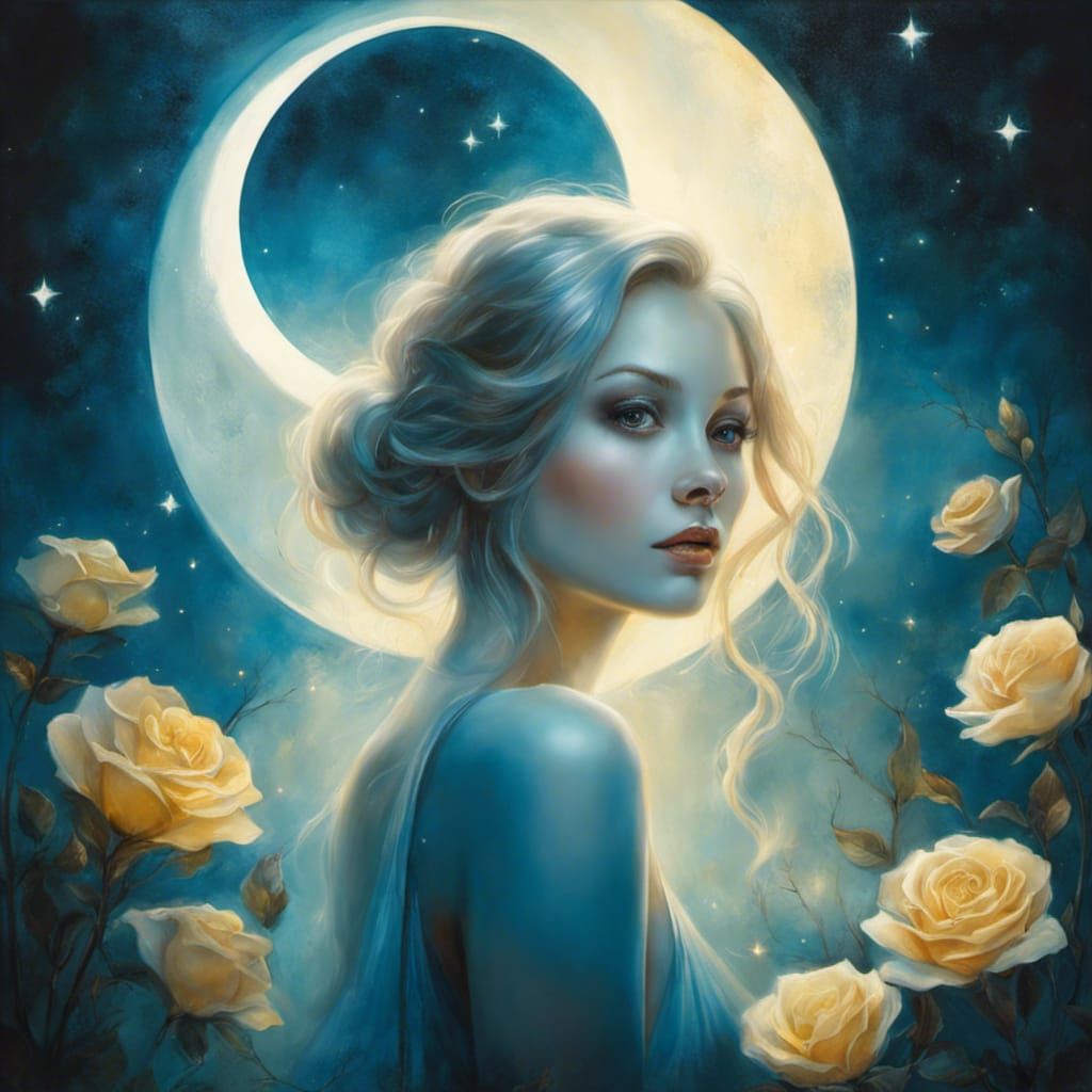 Girl in Moonlit Garden Holding Rose, Ethereal Portrait