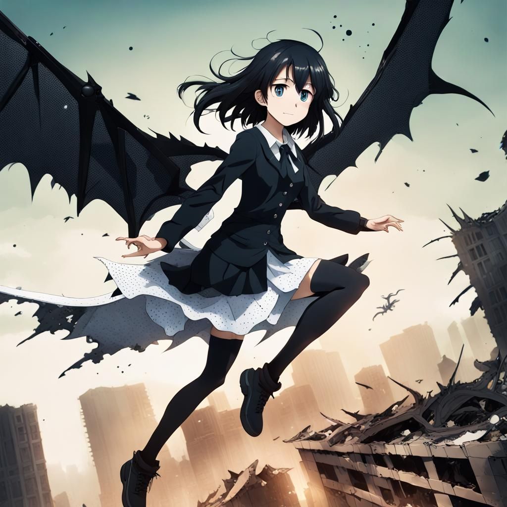 Anime Girl Soaring Above Destroyed City with Dragons
