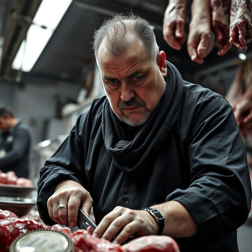 Hyperrealistic Butcher Portrait in Black and White