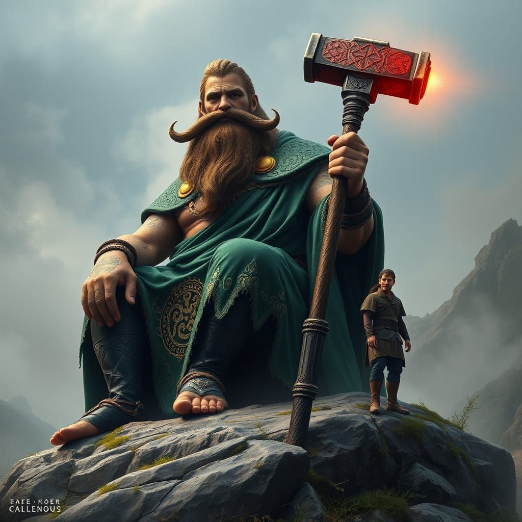 Colossal Celtic God Sucellus on Boulder in Matte Painting