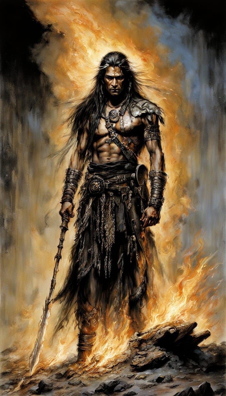 Native Chieftain by Shimmering Bonfire in Dramatic Light