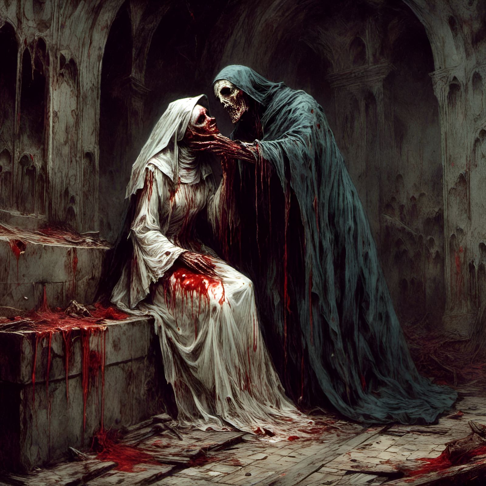 Macabre Zombie Pope Kiss in Crypt Illustration
