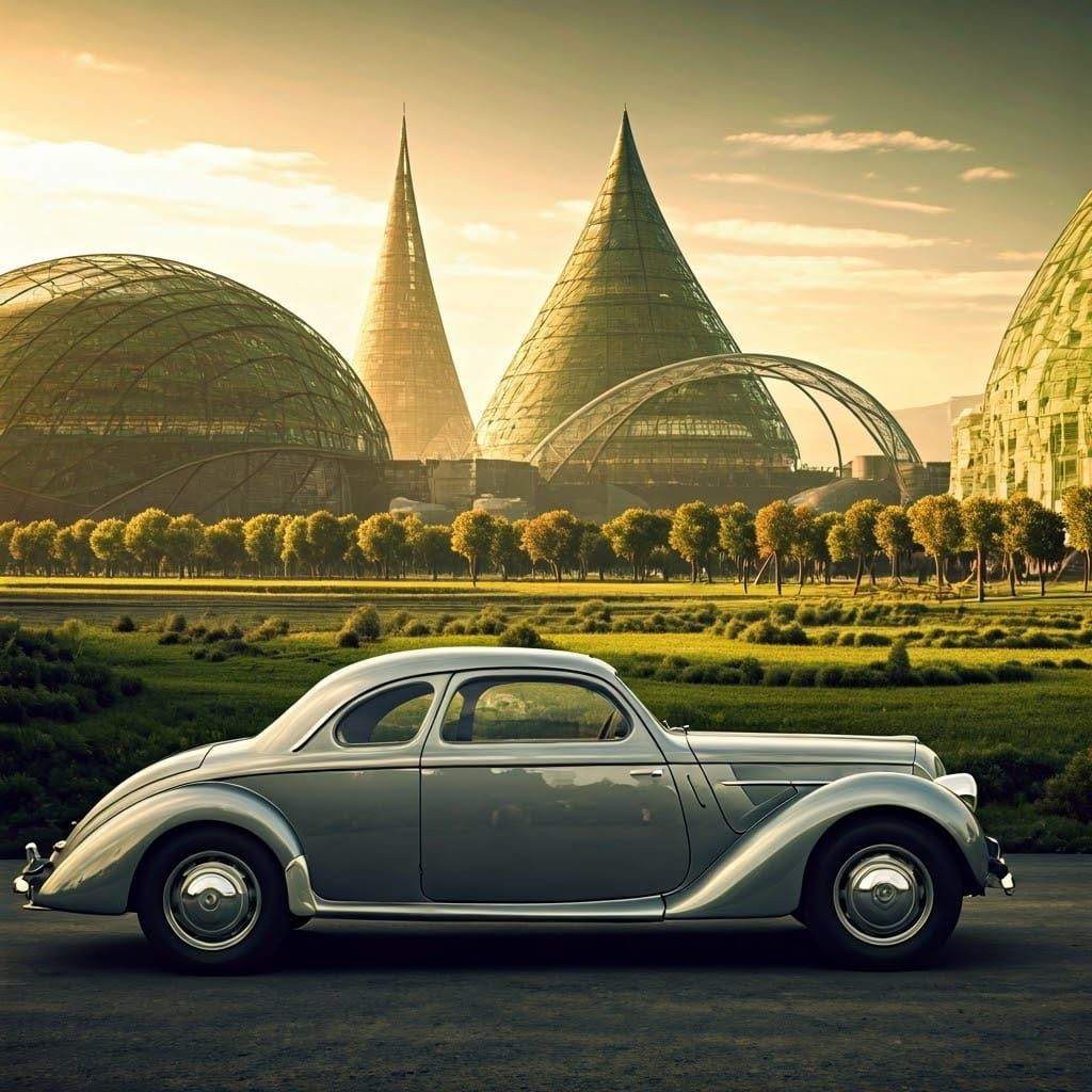 Steampunk Eco City Panorama with 1938 Peugeot Coupe