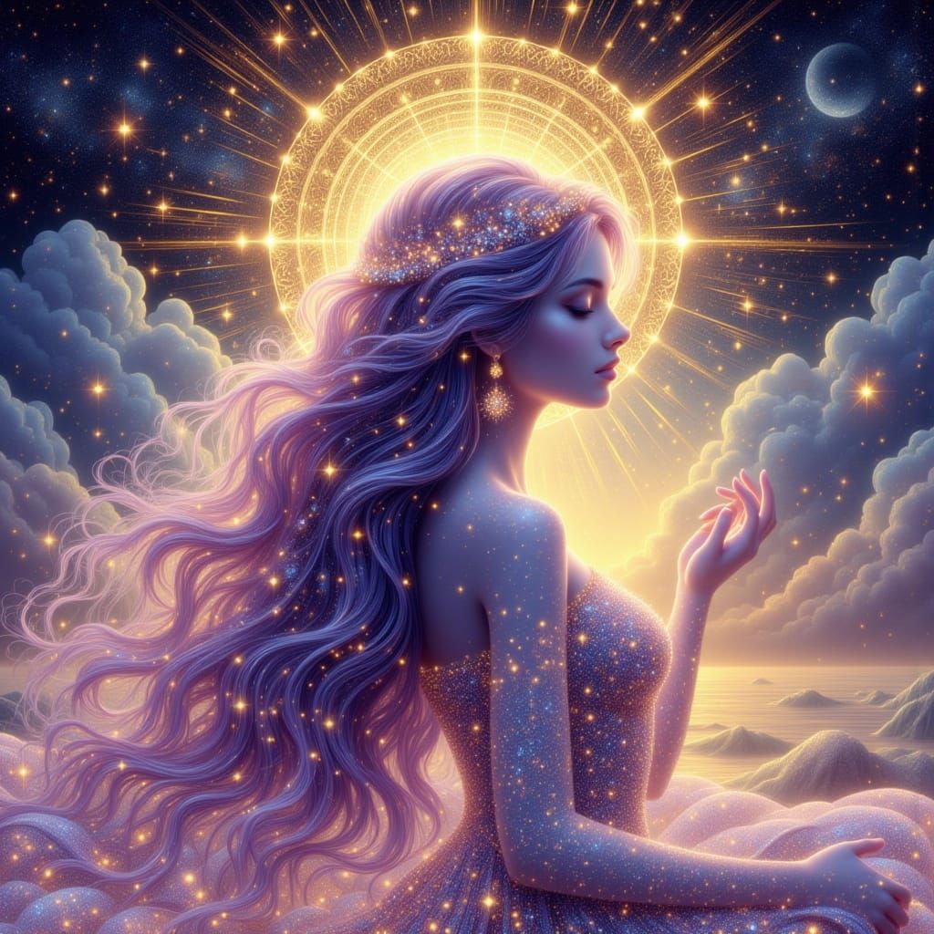 Serene Woman Meditating with Starry Crown and Radiant Halo