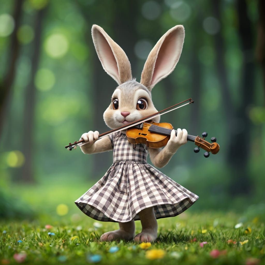 Cute Bunny Plays Violin in Whimsical Forest Scene