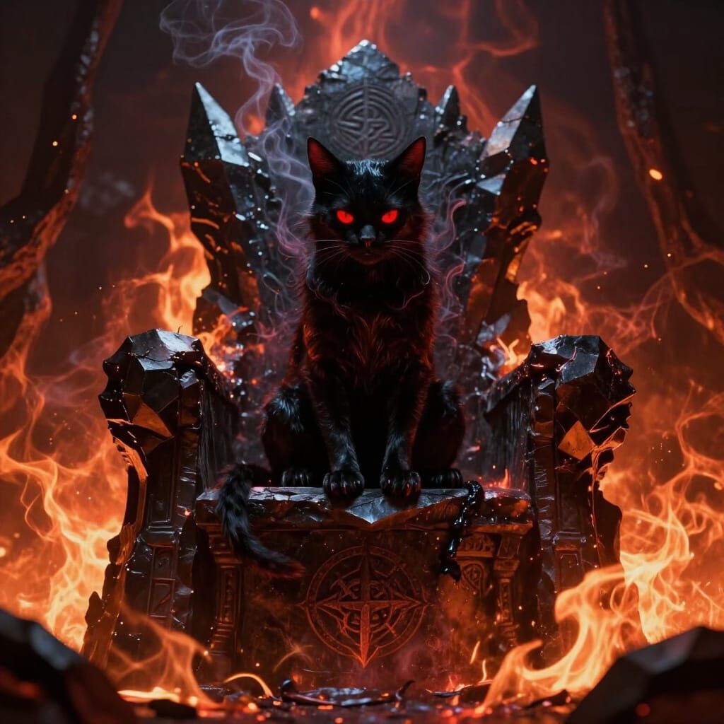 Demon Cat on Obsidian Throne in Fiery Underworld