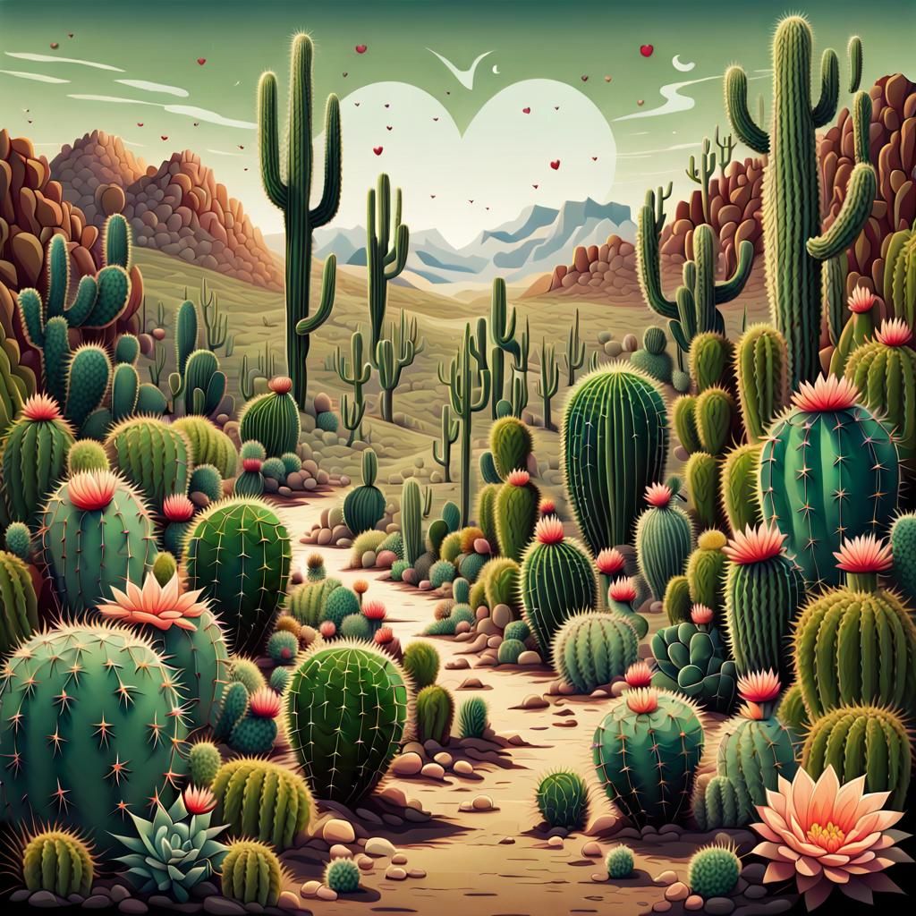 Desert of Heart Cacti: Abstract Illustration