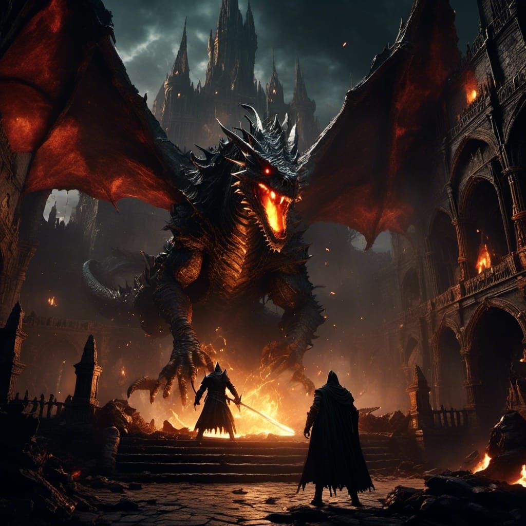 Wizard and Dragon Battle in Dark Castle